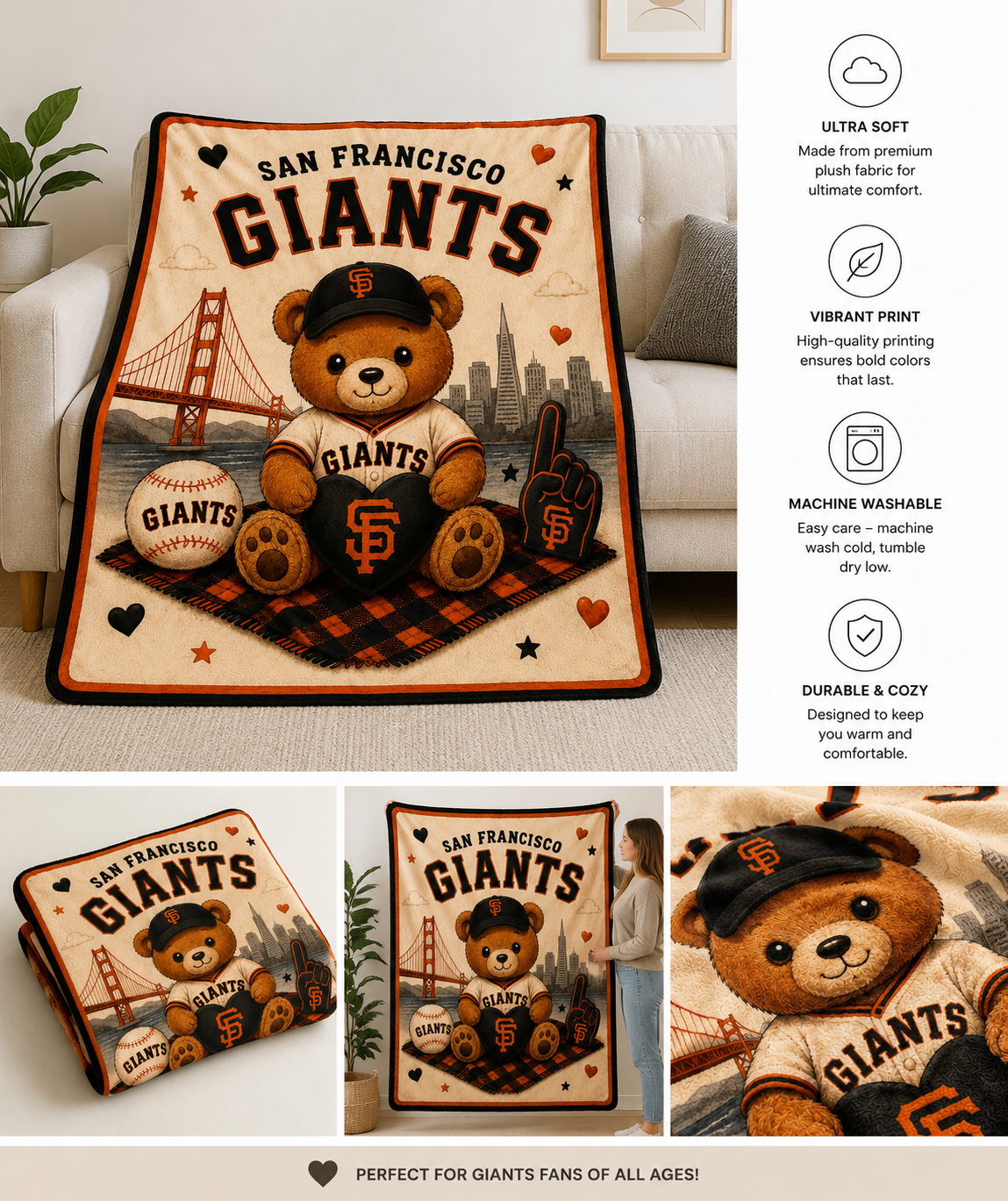 San Francisco Giants Teddy Bear Velveteen Plush Blanket –