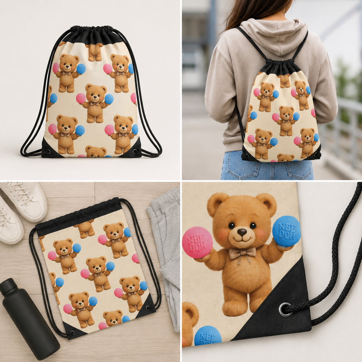 Cute Teddy Bear Pattern Drawstring Bag –