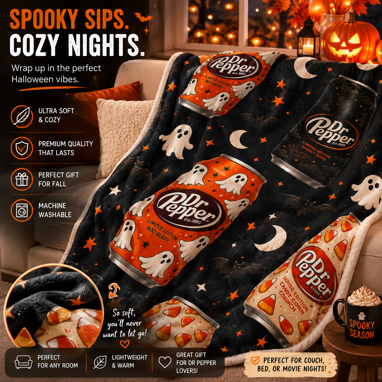 Halloween Dr Pepper Plush Blanket – Candy Corn & Ghosts Velveteen Throw