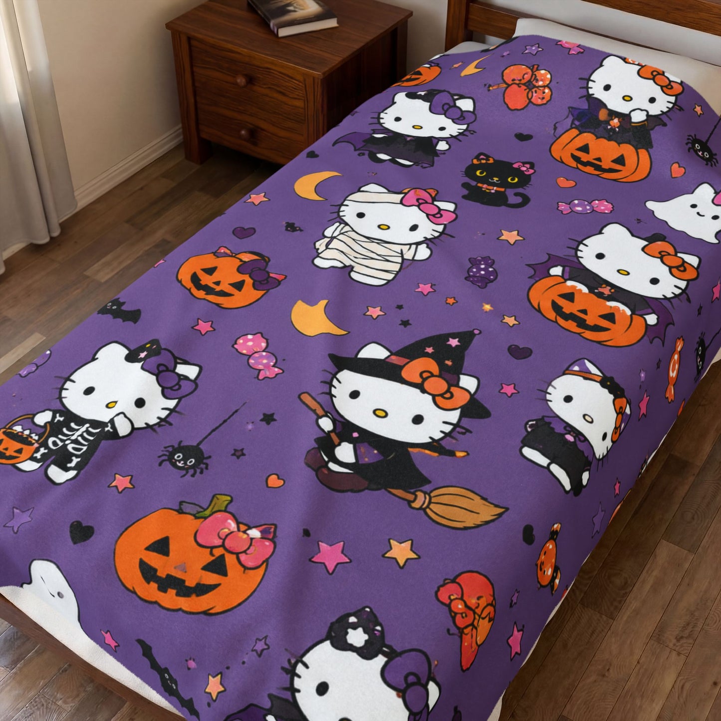 Halloween Hello Kitty Velveteen Plush Blanket – Cute Pumpkin & Costume Print