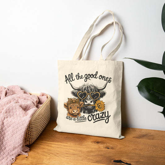 Tote Bag — "All the Good Ones Are a Little Crazy" Cow & Sunflower Canvas Tote