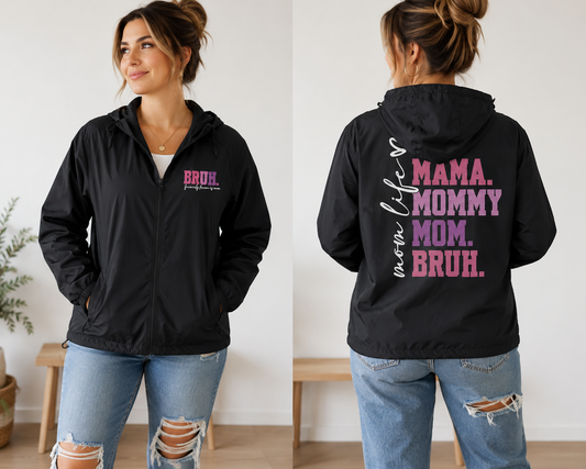 Windbreaker Jacket — 'MAMA. MOMMY. MOM. BRUH.' Pink Block Text Back