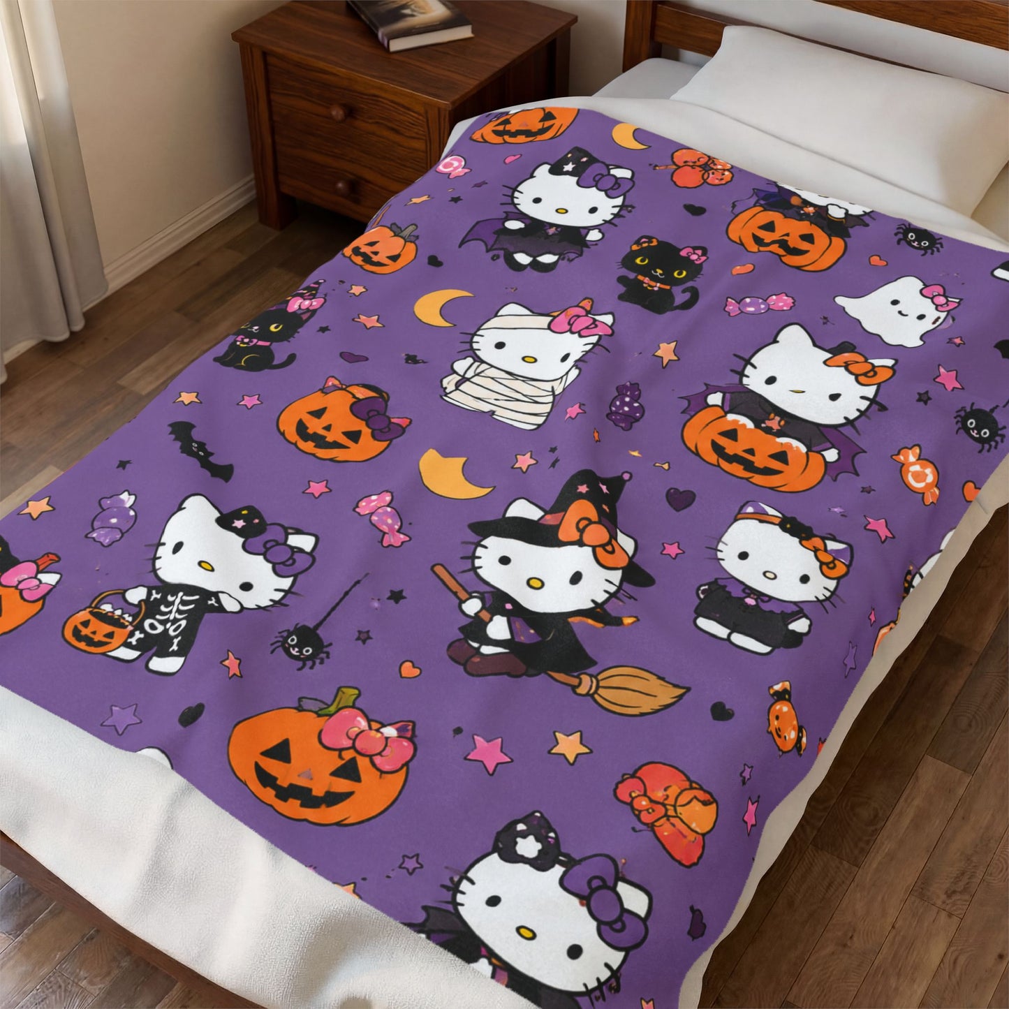 Halloween Hello Kitty Velveteen Plush Blanket – Cute Pumpkin & Costume Print