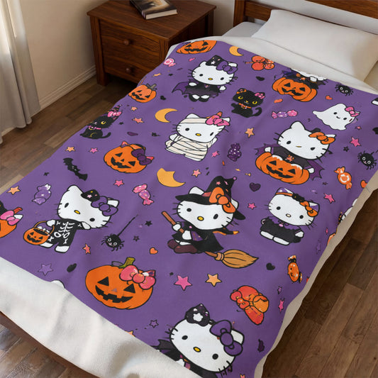 Halloween Hello Kitty Velveteen Plush Blanket – Cute Pumpkin & Costume Print