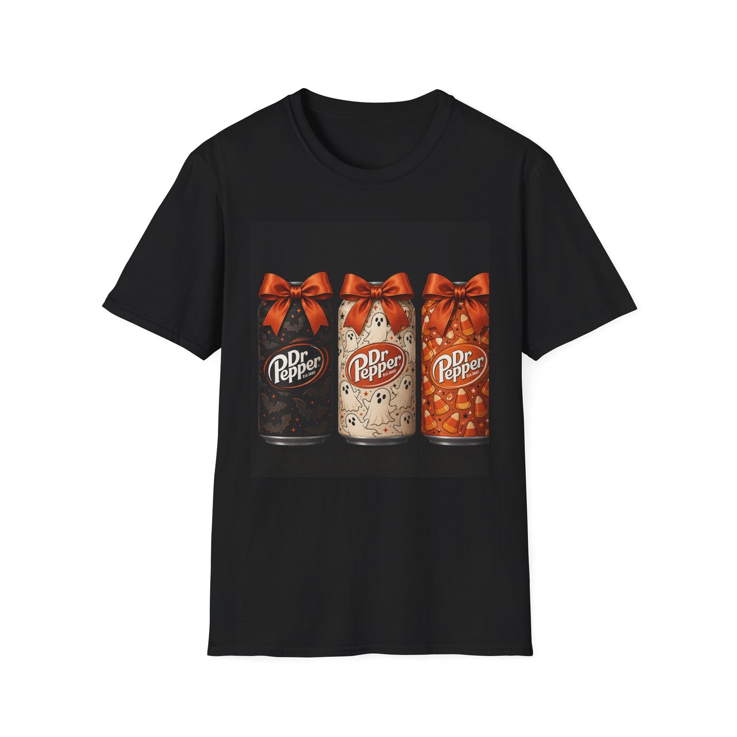 Halloween Dr Pepper Can T-Shirt — Trio of Gift-Bow Soda Cans Holiday Tee